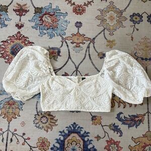 SHEIN White Puff Sleeve Cropped Embroidered Crop Top Blouse Large